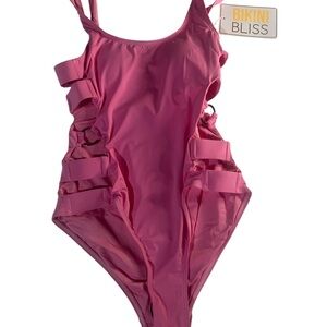 Bikini Bliss Pink One-Piece Swimsuit – Side Elastic Bands & Buckle – Size Small